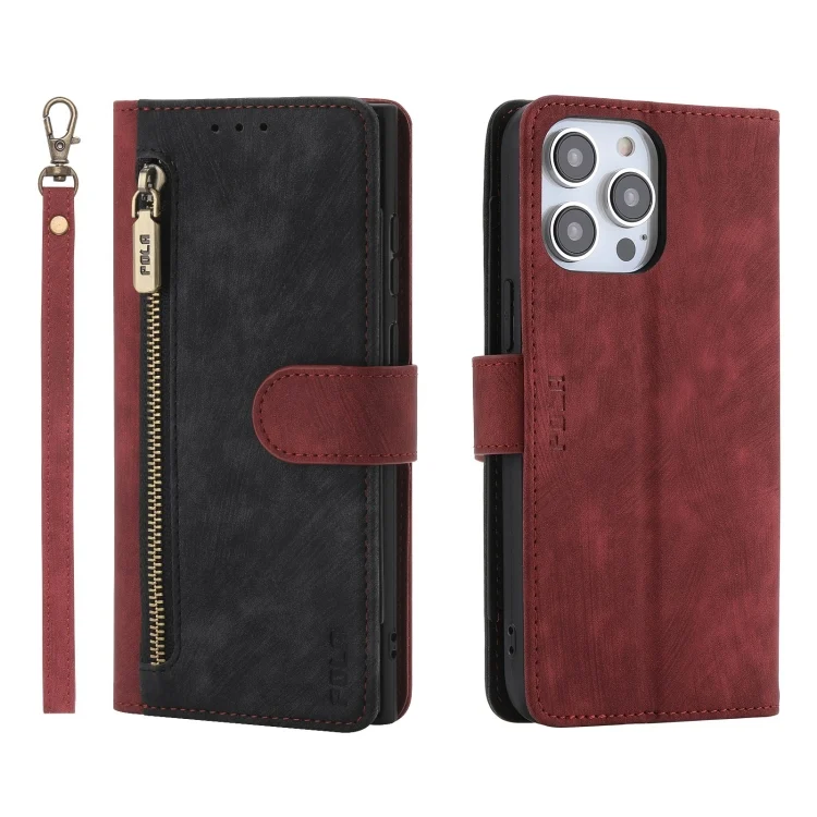 POLA Dual-color Zipper Wallet RFID Leather Phone Case, For iPhone 15 Pro Max, For iPhone 15 Pro, For iPhone 15 Plus, For iPhone 15