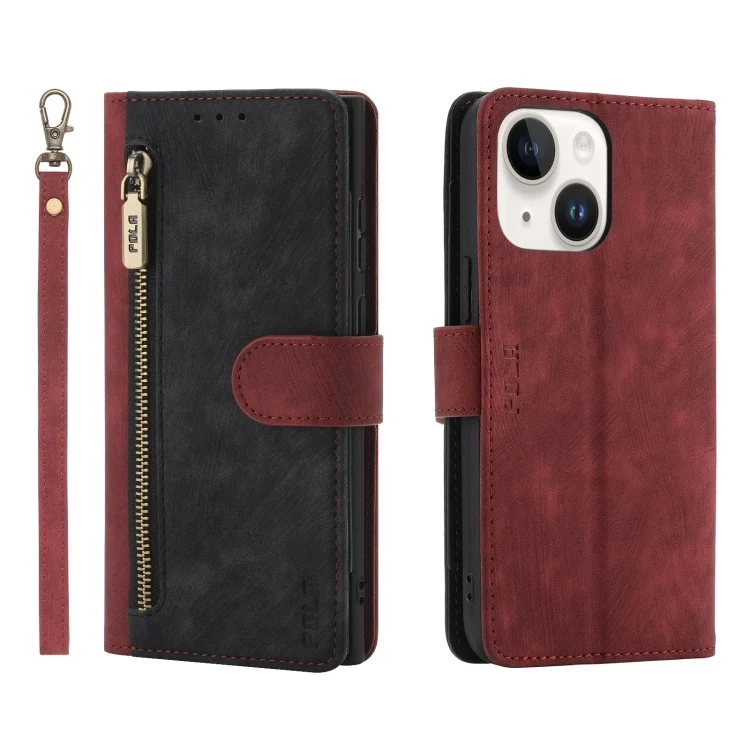 POLA Dual-color Zipper Wallet RFID Leather Phone Case, For iPhone 14 Plus, For iPhone 14, For iPhone 14 Pro, For iPhone 14 Pro Max