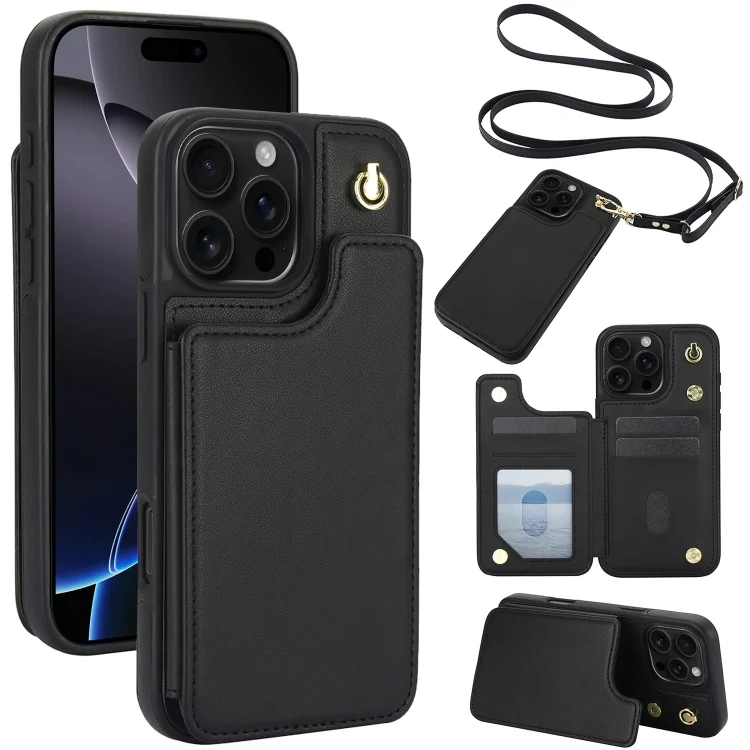 Crossbody Dual-Buckle Wallet Back Leather Phone Case, For iPhone 16 Pro Max, For iPhone 16 Pro, For iPhone 16 Plus