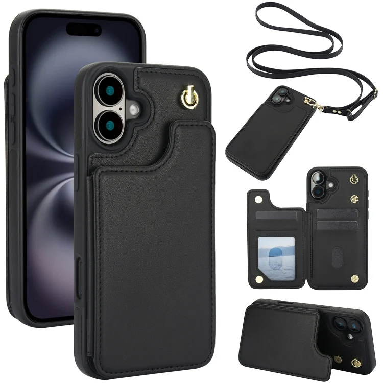 Crossbody Dual-Buckle Wallet Back Leather Phone Case, For iPhone 16, For iPhone 15 Pro Max, For iPhone 15 Pro