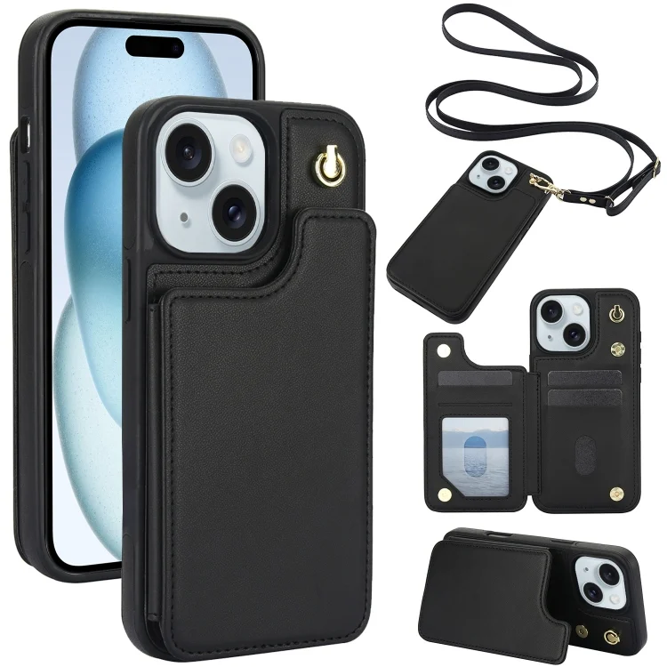Crossbody Dual-Buckle Wallet Back Leather Phone Case, For iPhone 15 Plus, For iPhone 15, For iPhone 14 Plus