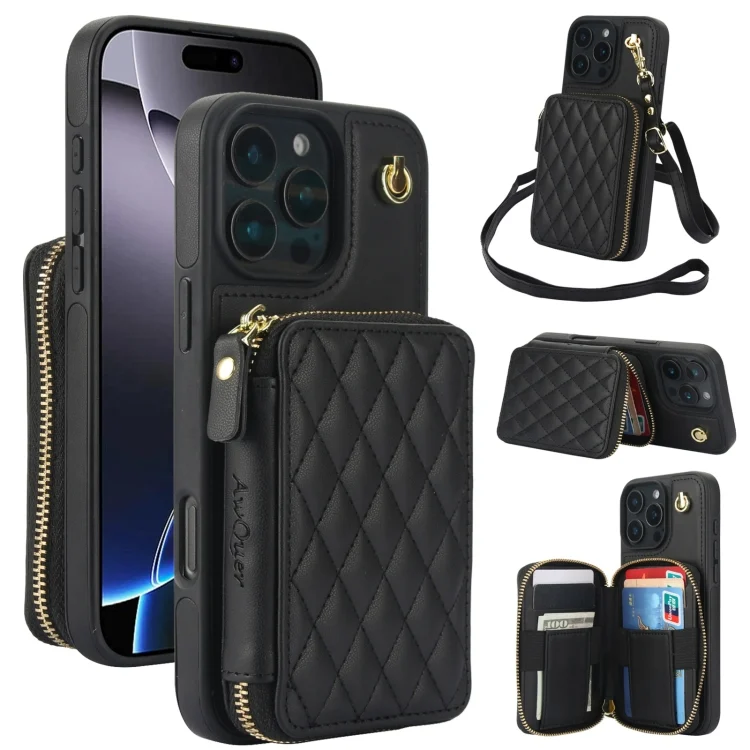 AwQuer Crossbody Zipper Wallet Rhombic Leather Back Phone Case, For iPhone 16 Pro Max, For iPhone 16 Pro