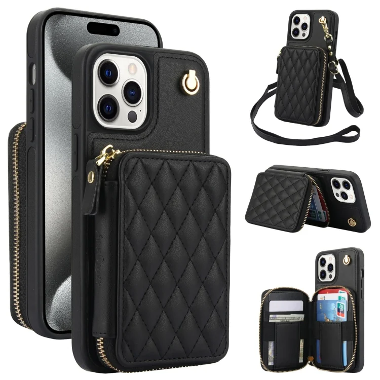 AwQuer Crossbody Zipper Wallet Rhombic Leather Back Phone Case, For iPhone 15 Pro Max, For iPhone 15 Pro