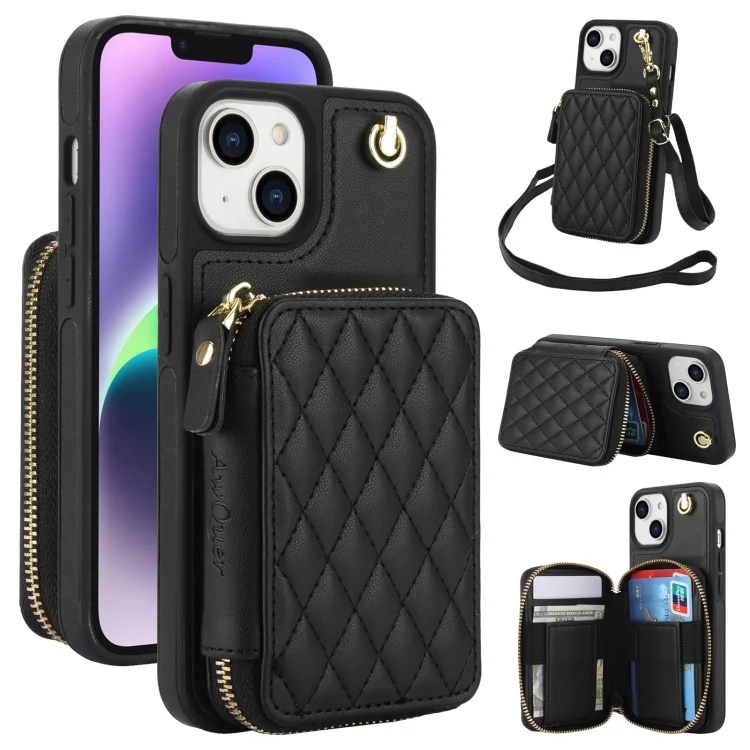 AwQuer Crossbody Zipper Wallet Rhombic Leather Back Phone Case, For iPhone 14 Plus, For iPhone 14 / 13