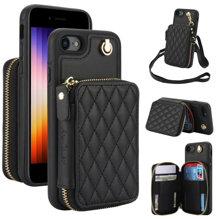 AwQuer Crossbody Zipper Wallet Rhombic Leather Back Phone Case, For iPhone 7 / 8 / SE 2022, For iPhone 13 Pro Max