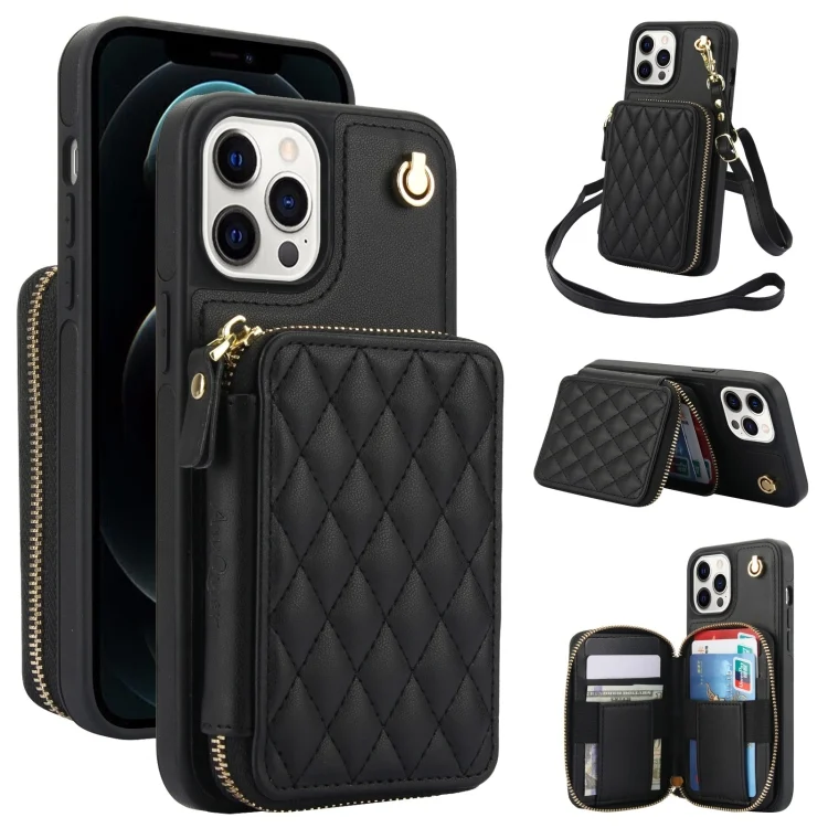 AwQuer Crossbody Zipper Wallet Rhombic Leather Back Phone Case, For iPhone 12 Pro Max, For iPhone 11 Pro Max