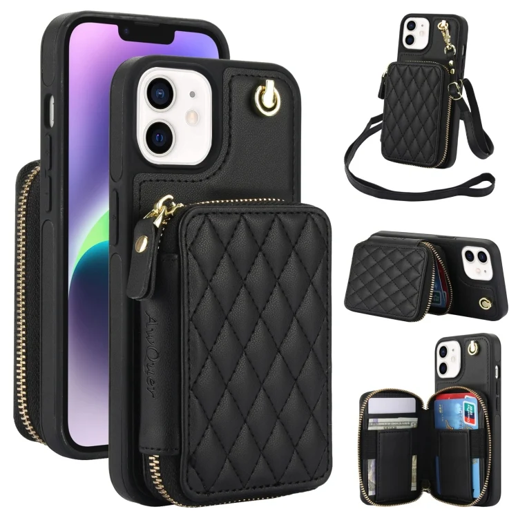 AwQuer Crossbody Zipper Wallet Rhombic Leather Back Phone Case, For iPhone 11, For iPhone 11 Pro