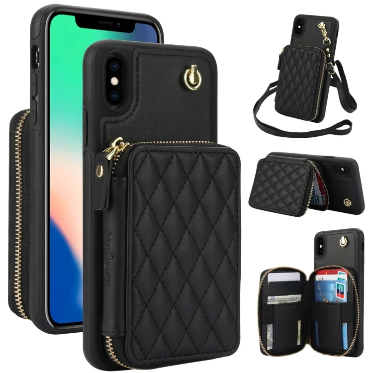 AwQuer Crossbody Zipper Wallet Rhombic Leather Back Phone Case, For iPhone X / XS, For iPhone XR