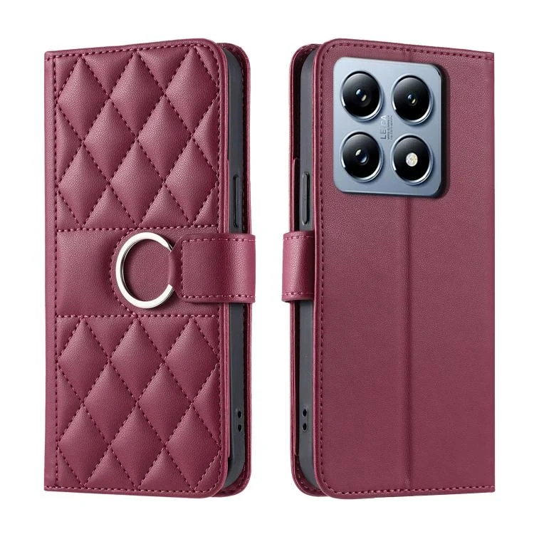 Ring Buckle Rhombic Leather Phone Case, For Xiaomi 14T Pro, For Xiaomi 14T, For Xiaomi Poco M6 4G, For Xiaomi Poco M6 Pro 4G