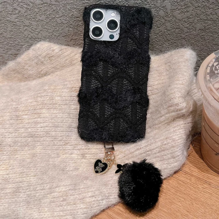 W-texture Plush PU Hybrid PC Phone Case with Doll Keychain, For iPhone 16 Pro Max, For iPhone 16 Pro, For iPhone 16 Plus, For iPhone 16, For iPhone 15 Pro Max, For iPhone 15 Pro, For iPhone 15 Plus...