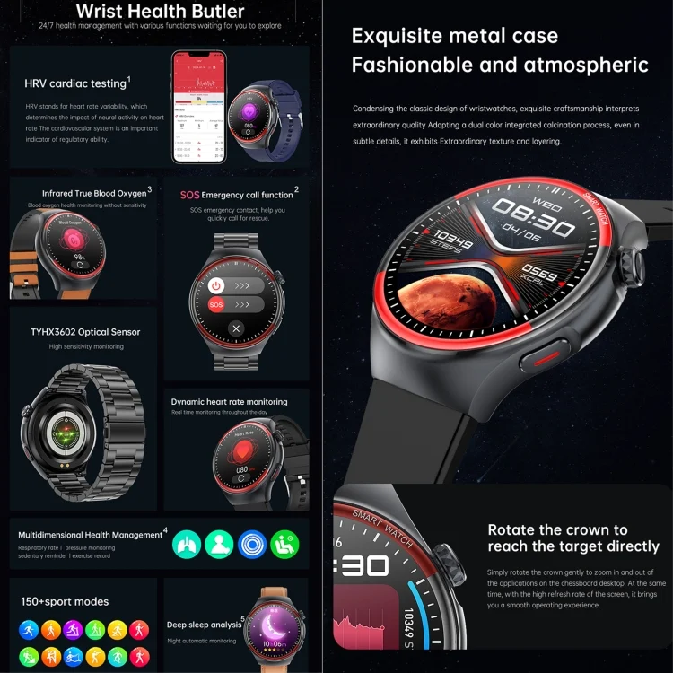 EDA0073706_B5.webp T82 1.43 inch Round Screen BT Call Smart Watch, Heart Rate / Blood Pressure / Blood Oxygen / Sleep / Blood Sugar / HRV / Metope / SOS - Image 6