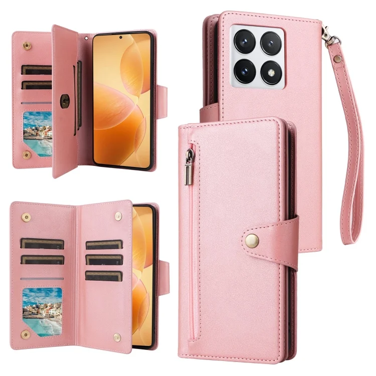 Rivet Buckle 9 Cards Three Fold Leather Phone Case, For Xiaomi 14T Pro Global, For Xiaomi 14T 5G Global