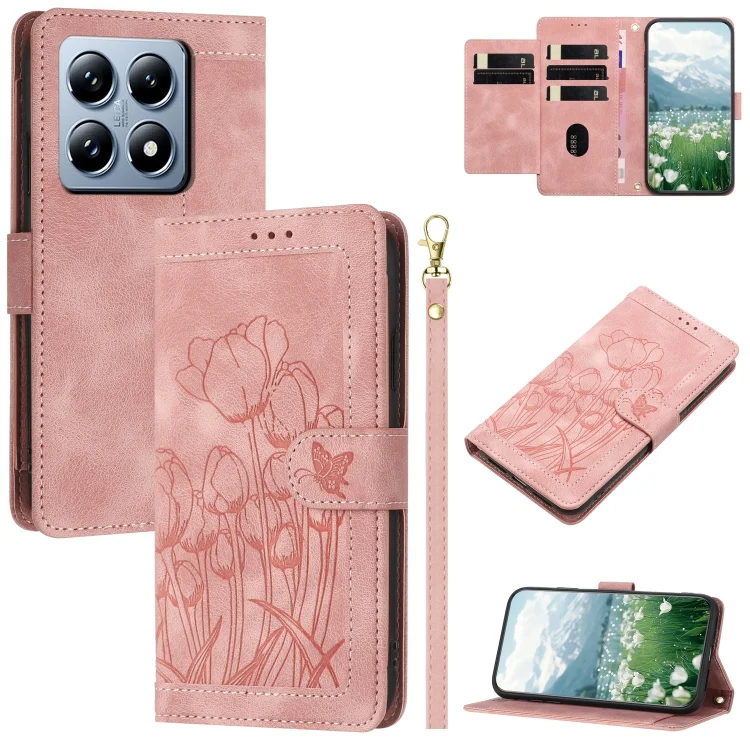 Tulips Embossed Leather Phone Case with Lanyard, For Xiaomi 14T