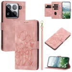 Tulips Embossed Leather Phone Case with Lanyard, For Xiaomi 15 Pro, For Xiaomi 15, For Xiaomi 14T Pro