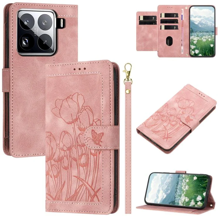 Tulips Embossed Leather Phone Case with Lanyard, For Xiaomi 15 Pro, For Xiaomi 15, For Xiaomi 14T Pro