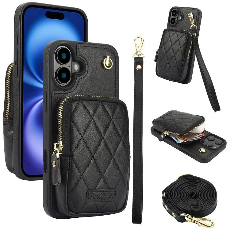 AwQuer Crossbody Zipper Wallet Bag Litchi Leather Phone Case, For iPhone 16 Plus, For iPhone 16
