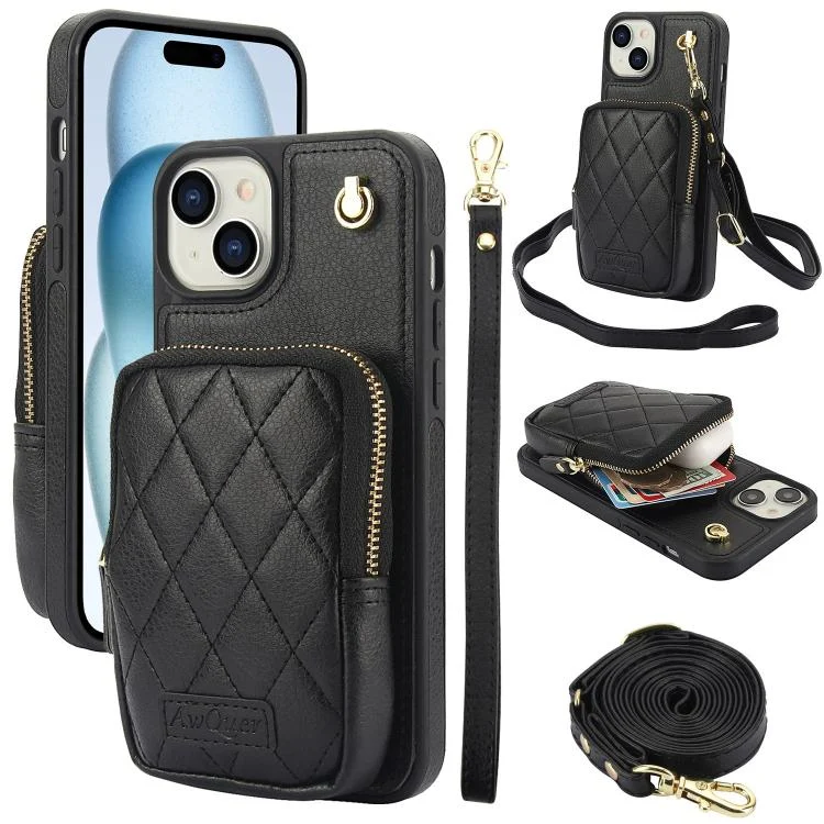 AwQuer Crossbody Zipper Wallet Bag Litchi Leather Phone Case, For iPhone 15 Plus, For iPhone 15