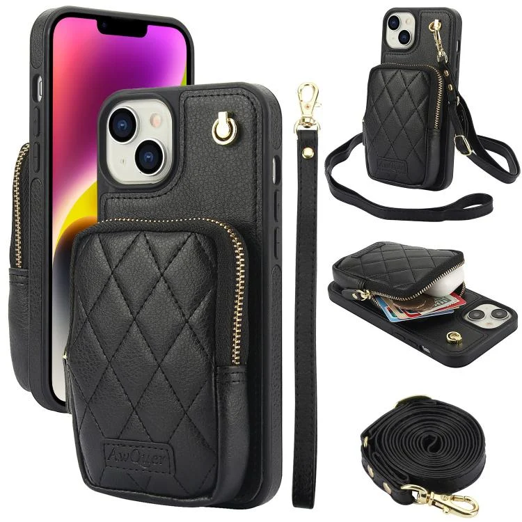 AwQuer Crossbody Zipper Wallet Bag Litchi Leather Phone Case, For iPhone 14 Plus, For iPhone 14 / 13