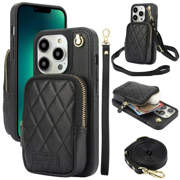 AwQuer Crossbody Zipper Wallet Bag Litchi Leather Phone Case, For iPhone 13 Pro Max, For iPhone 13 Pro