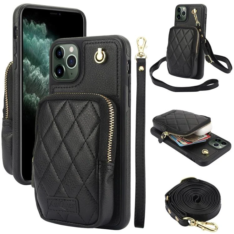 AwQuer Crossbody Zipper Wallet Bag Litchi Leather Phone Case, For iPhone 11 Pro Max, For iPhone 11