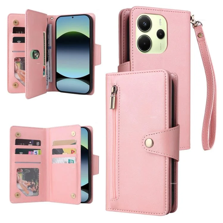 Rivet Buckle 9 Cards Three Fold Leather Phone Case, For Redmi Note 14 4G 164.84mm, For Redmi Note 14 5G, For Redmi Note 14 Pro 5G