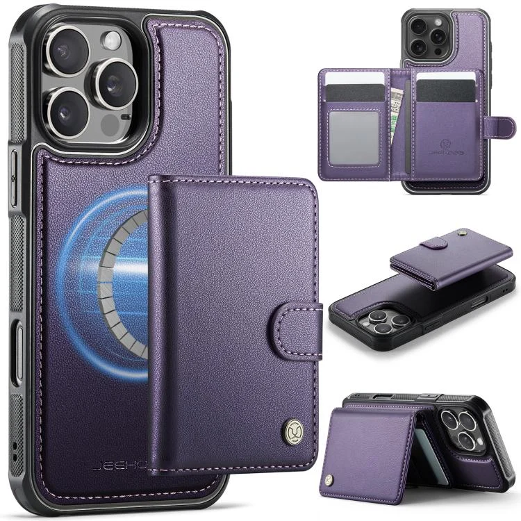 JEEHOOD J09 Buckle Card Bag MagSafe Magnetic Style RFID Leather Phone Case, For iPhone 16 Pro Max, For iPhone 16 Pro, For iPhone 15 Plus / 14 Plus, For iPhone 15