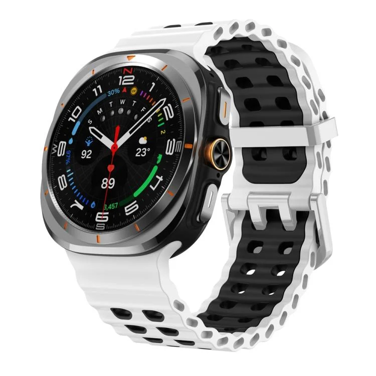 Ocean Two Color Dual-Row Hole Silver Buckle Silicone Watch Band