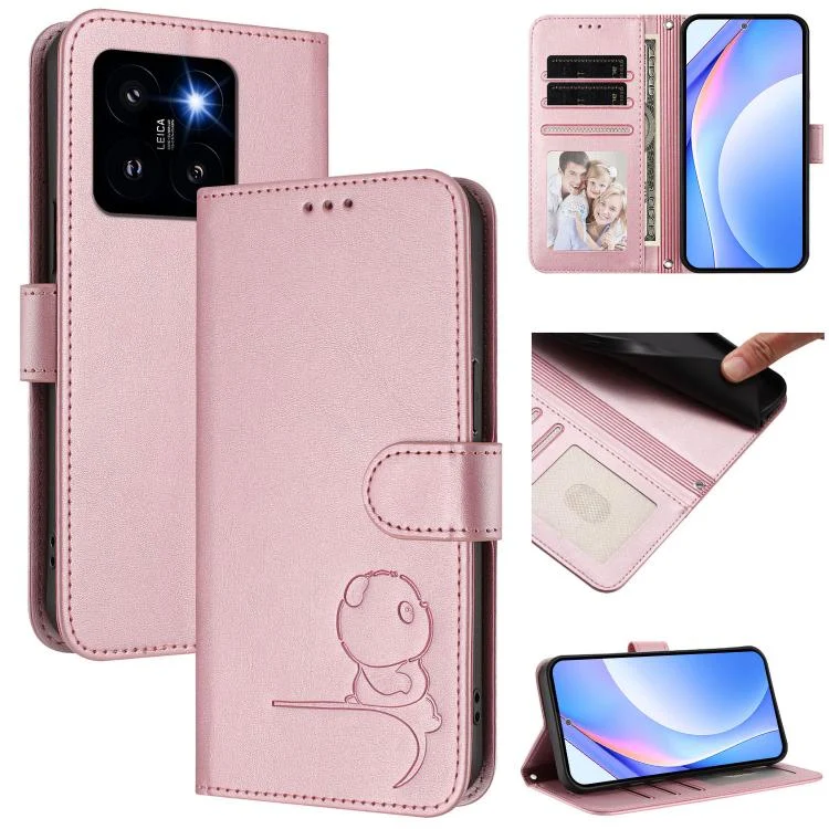 Litter Panda Embossing RFID Leather Phone Case with Lanyard, For Xiaomi 14 Pro, For Xiaomi 14, For Xiaomi 13T / 13T Pro