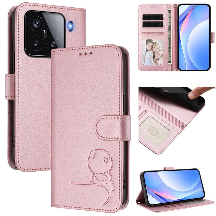 Litter Panda Embossing RFID Leather Phone Case with Lanyard, For Xiaomi 15, For Xiaomi 14T Pro, For Xiaomi 14T