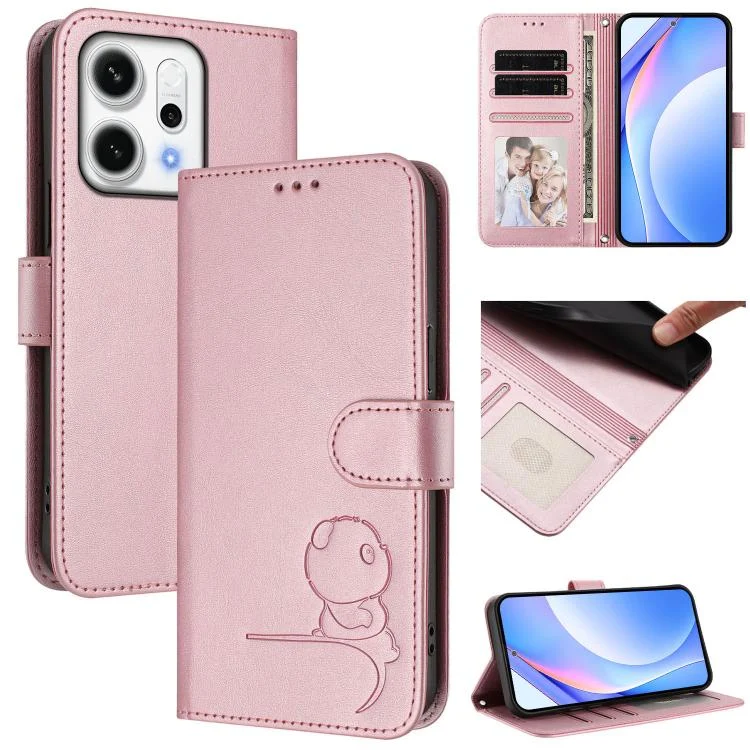 Litter Panda Embossing RFID Leather Phone Case with Lanyard, For OPPO Reno14 F / Reno14 5G Global, For OPPO A79 5G Global, For OPPO A5x 4G / 5G Global