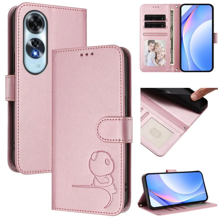 Litter Panda Embossing RFID Leather Phone Case with Lanyard, For OPPO A60 4G Global, For OPPO Reno11 F 5G Global, For OPPO Find X7