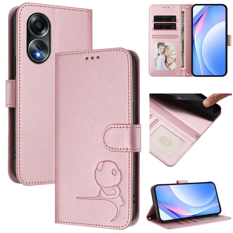 Litter Panda Embossing RFID Leather Phone Case with Lanyard, For OPPO A58 4G Global, For OPPO Reno10 / Reno10 Pro Global, For OPPO A78 4G Global