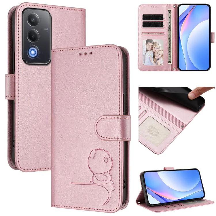 Litter Panda Embossing RFID Leather Phone Case with Lanyard, For OPPO A5 5G Global, For OPPO Reno14 Pro 5G Global, For OPPO Find X8s 5G