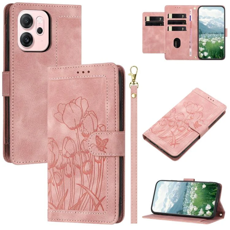 Tulips Embossed Leather Phone Case with Lanyard, For OPPO Reno14 F 5G, For OPPO Reno14 5G Global, For OPPO Reno13 F 5G / 4G