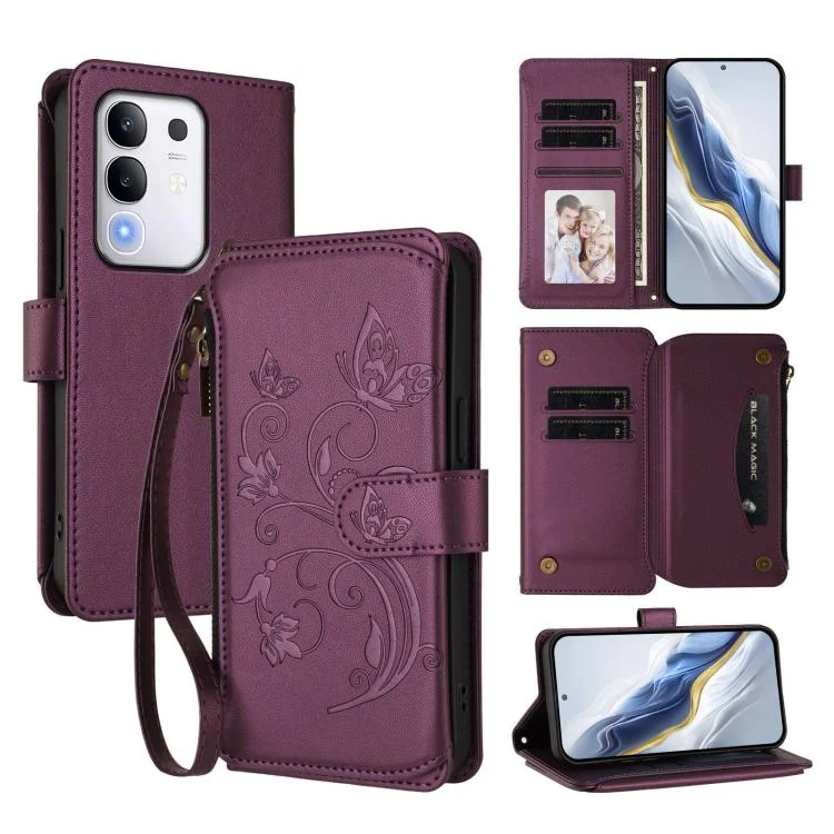 Butterfly Love Flower Multi-card Zipper Wallet Leather Phone Case, For vivo Y29 4G Global / T4x 5G, For vivo V50 5G Global / V50e 5G
