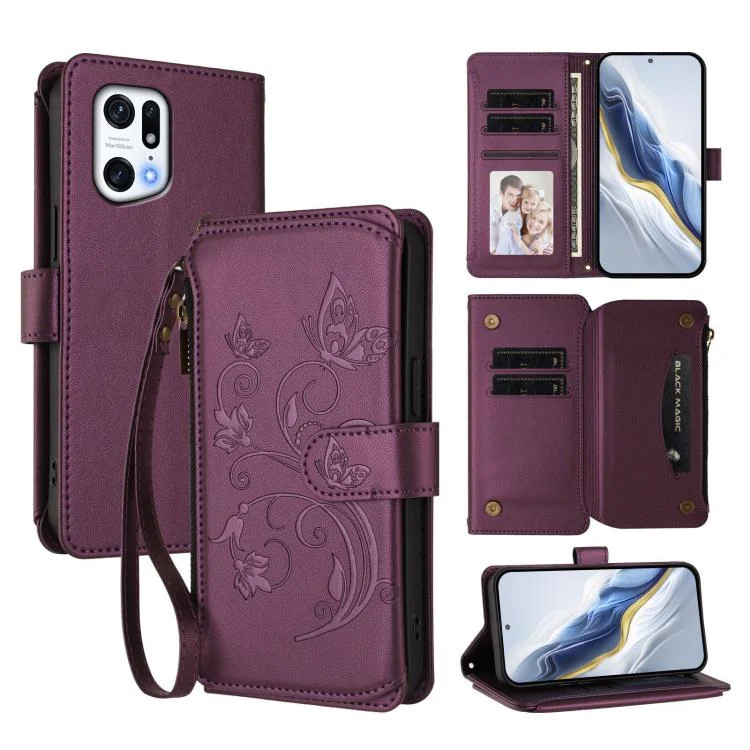 Butterfly Love Flower Multi-card Zipper Wallet Leather Phone Case, For OPPO Find X5 Pro, For OPPO Find X5
