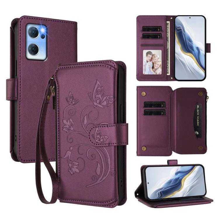 Butterfly Love Flower Multi-card Zipper Wallet Leather Phone Case, For OPPO Reno7 5G Global / Find X5 Lite