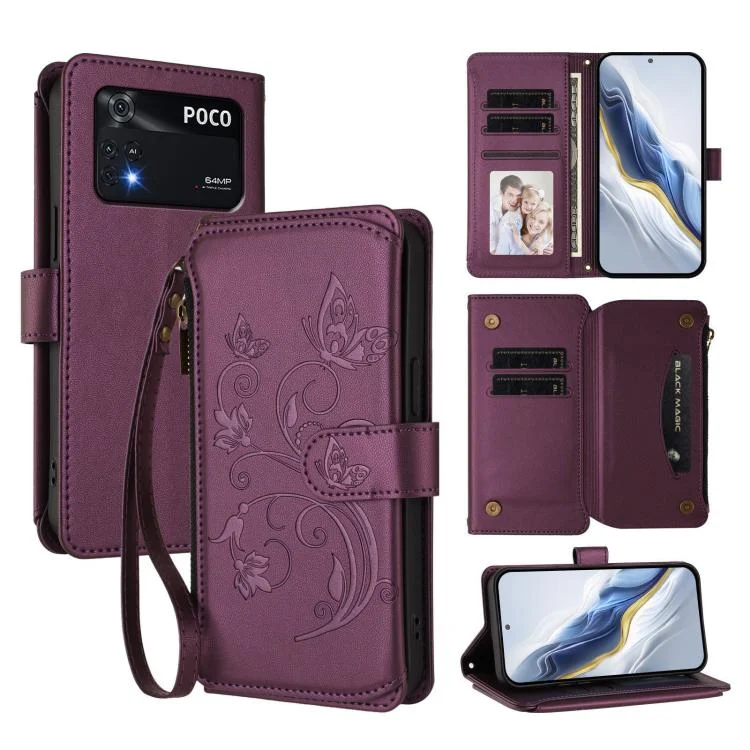 Butterfly Love Flower Multi-card Zipper Wallet Leather Phone Case, For Xiaomi Poco M4 Pro 4G, For Xiaomi Poco X4 Pro 5G