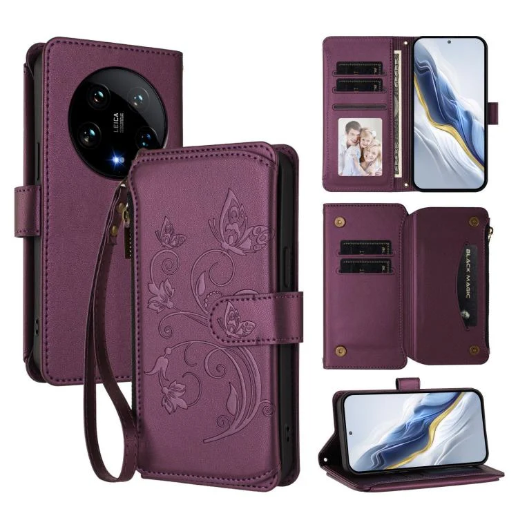 Butterfly Love Flower Multi-card Zipper Wallet Leather Phone Case, For Xiaomi 14 Ultra, For Xiaomi 14 Pro