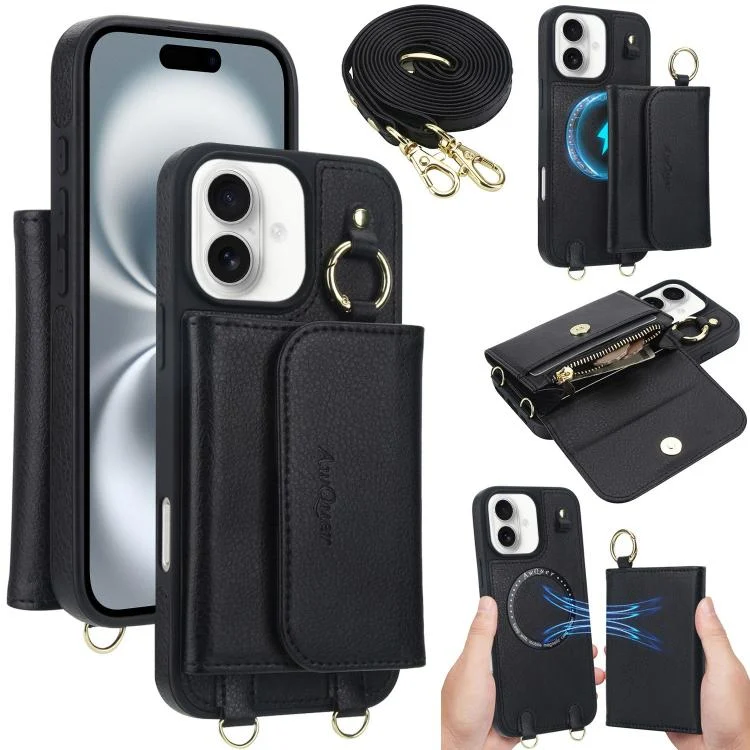 AwQuer 2 in 1 Crossbody Wallet Leather Back Phone Case, For iPhone 16 Plus, For iPhone 16