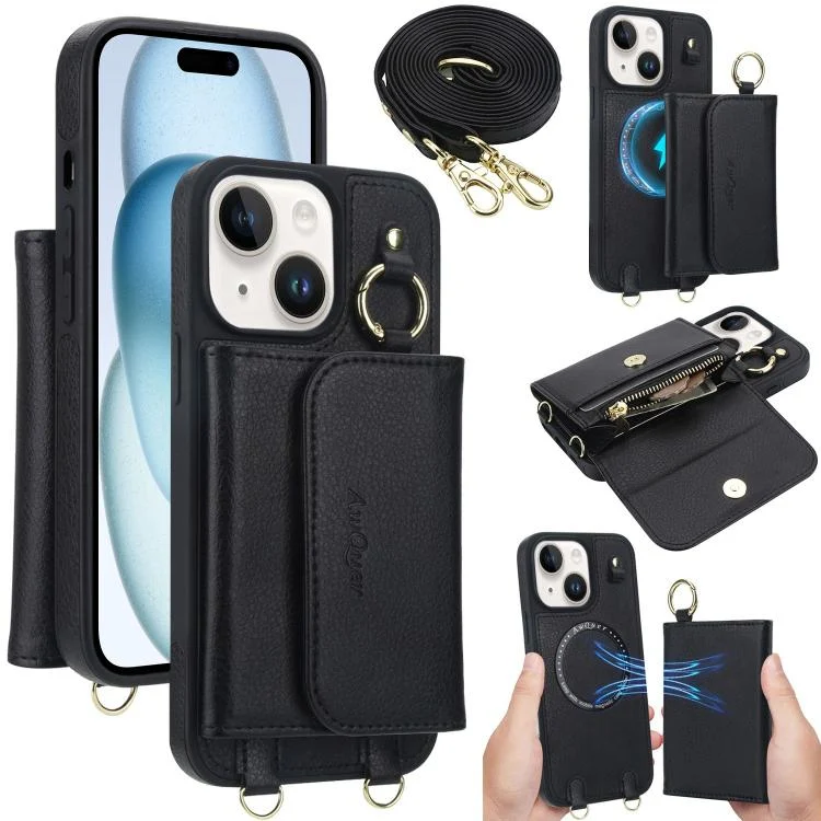 AwQuer 2 in 1 Crossbody Wallet Leather Back Phone Case, For iPhone 15 Plus, For iPhone 15