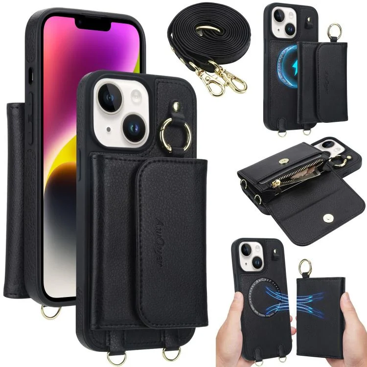 AwQuer 2 in 1 Crossbody Wallet Leather Back Phone Case, For iPhone 14 Plus, For iPhone 14 / 13