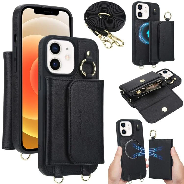 AwQuer 2 in 1 Crossbody Wallet Leather Back Phone Case, For iPhone 12 / 12 Pro, For iPhone 12 Pro Max