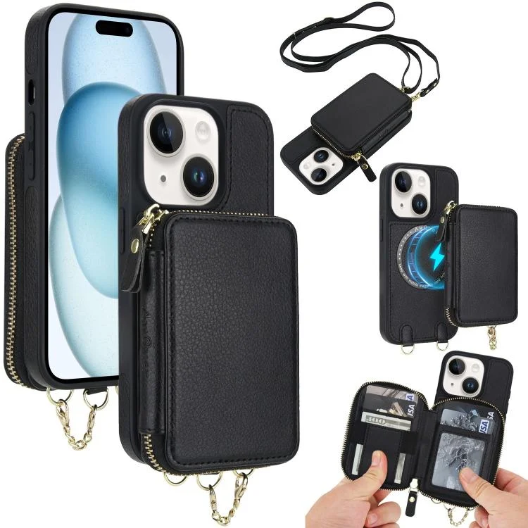AwQuer 2 in 1 Crossbody Wallet Leather Back Phone Case, For iPhone 15 Plus, For iPhone 15