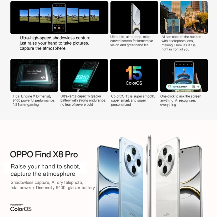 MPH7215_B1.webp OPPO Find X8 Pro AI Phone, 12GB+256GB, Screen Fingerprint, 6.78 inch ColorOS 15 Dimensity 9400 Octa Core up to 3.626GHz, NFC, OTG, Network: 5G - Image 2