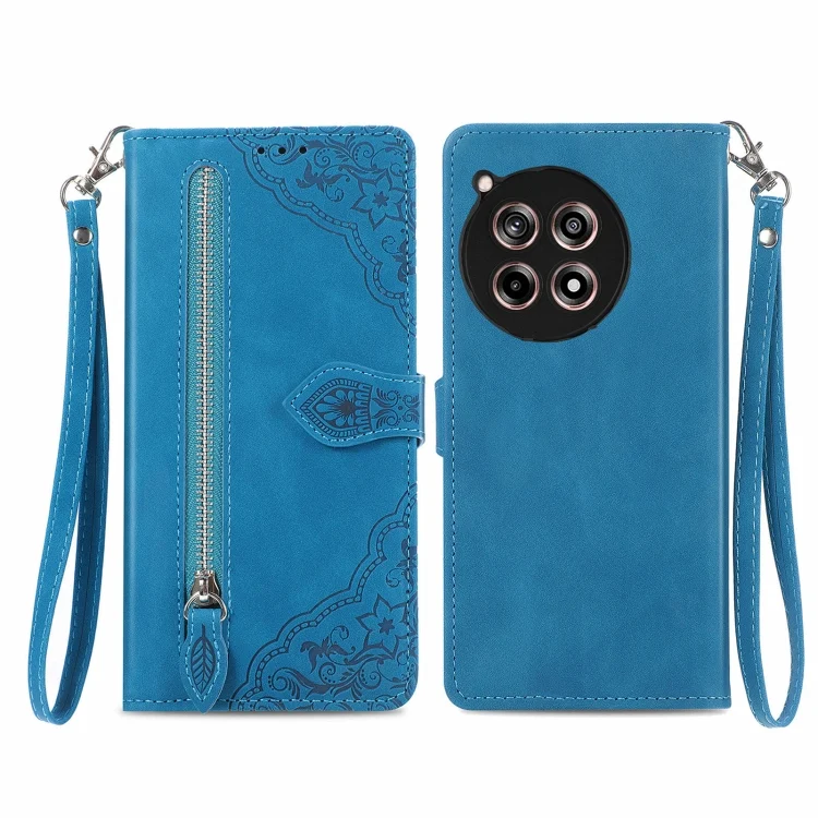 Embossed Flower Zipper Leather Phone Case, For OnePlus 12R, For OnePlus 12, For One Plus Ace 2V