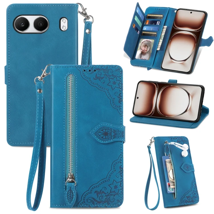 Embossed Flower Zipper Leather Phone Case, For OnePlus Nord 4, For OnePlus Nord CE 4, For OnePlus Nord N30 SE, For OnePlus Ace 3