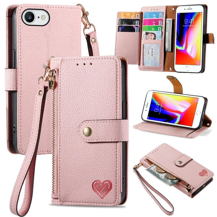 Love Zipper Lanyard Leather Phone Case, For iPhone 7 / 8 / SE 2022, For iPhone 12 / 12 Pro, For iPhone X / XS