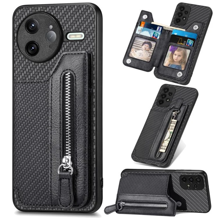Carbon Fiber Horizontal Flip Zipper Wallet Phone Case, For Redmi K80 Pro / Poco F7 Ultra, For Redmi K80 / Poco F7 Pro, For Redmi Turbo 4, For Xiaomi Poco X7 Pro