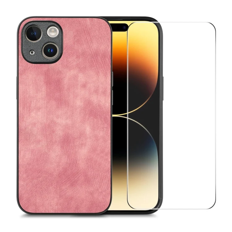 ENKAY Retro Leather Skin PC Phone Case with High Aluminum-silicon Glass Film, For iPhone 15, For iPhone 14 Plus, For iPhone 14